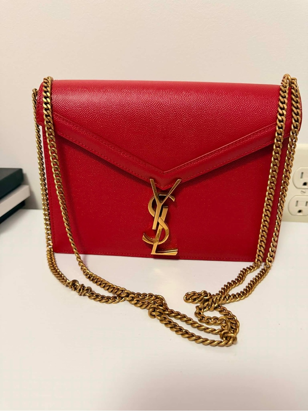 Saint Laurent Red Leather Envelope Chain Crossbody with Gold Hardware
